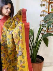 Yellow Handpainted Kalamkari Dupatta with Thread & Mirror Handwork in Chanderi Silk - Masakalee