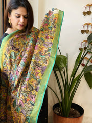 Yellow Handpainted Kalamkari Dupatta with Thread & Mirror Handwork in Chanderi Silk - Masakalee