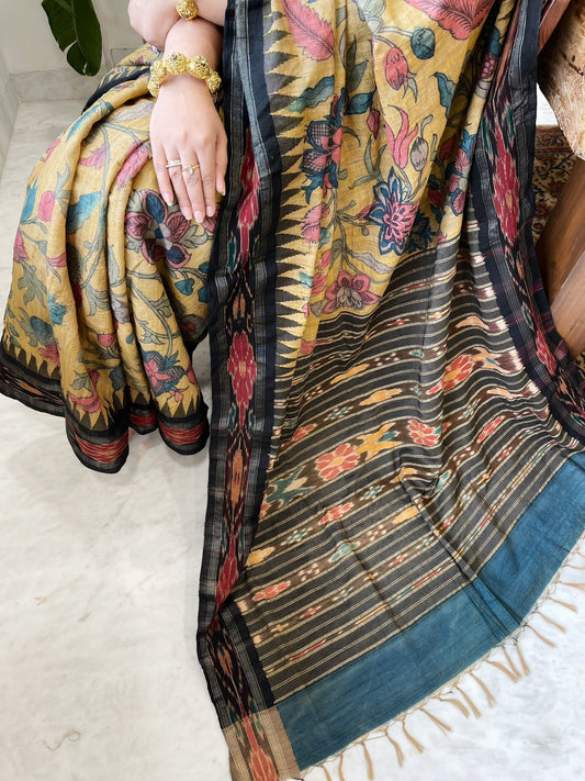 Yellow Handpainted Kalamkari Saree in Pure Tussar Silk - Masakalee