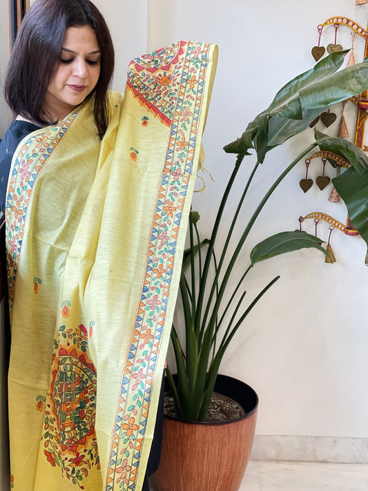 Yellow Handpainted Madhubani Dupatta in Pure Cotton - Masakalee