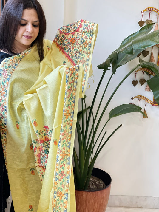 Yellow Handpainted Madhubani Dupatta in Pure Cotton - Masakalee