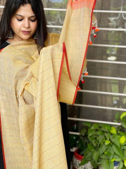 Yellow Handwoven Bhujodi Dupatta in Chanderi Cotton - Masakalee