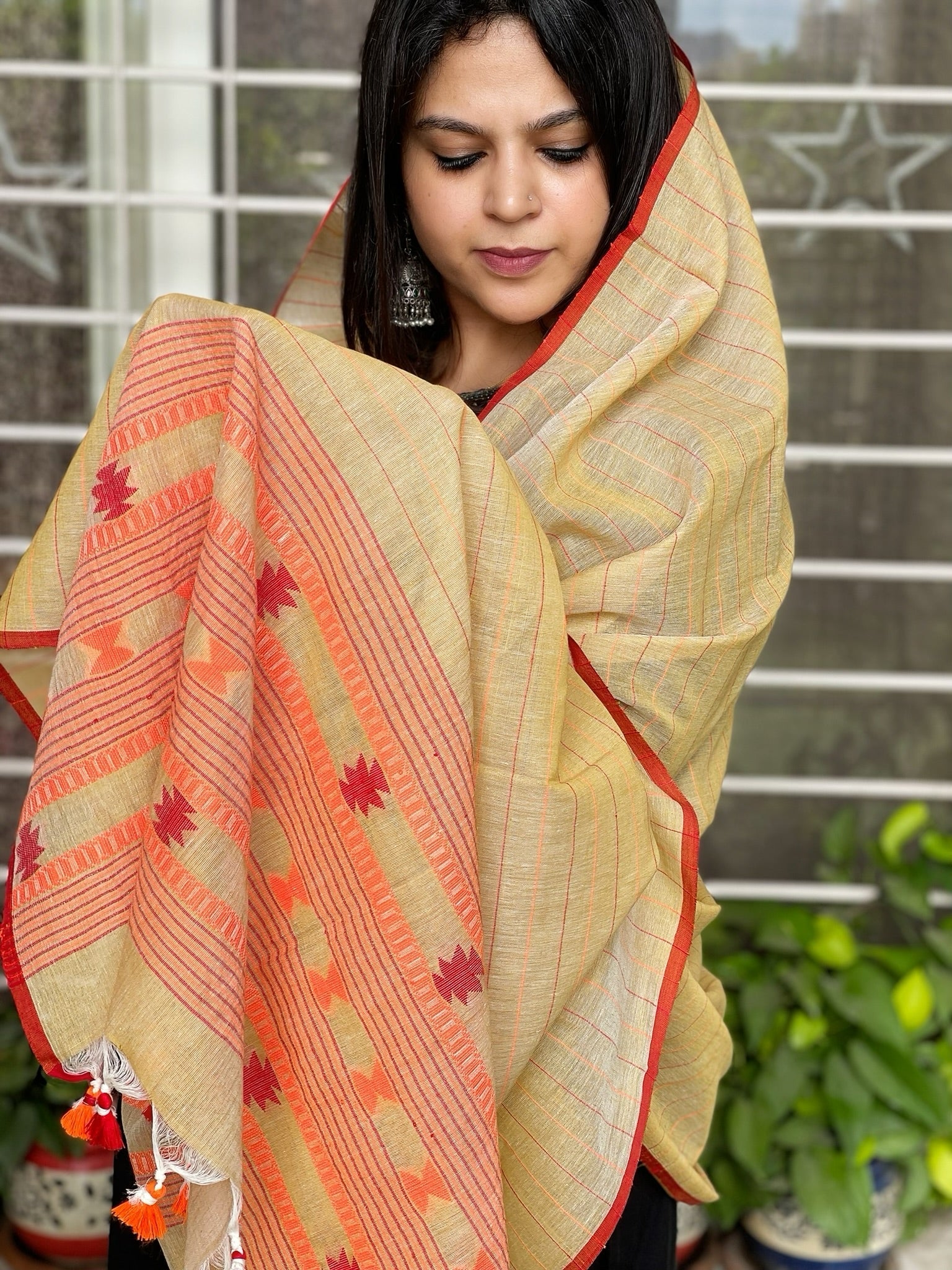 Yellow Handwoven Bhujodi Dupatta in Chanderi Cotton - Masakalee