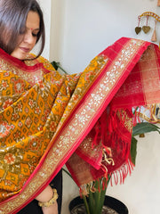 Yellow Handwoven Ikat Patola with Gotapatti & Pearl Handwork dupatta in Pure Silk - Masakalee