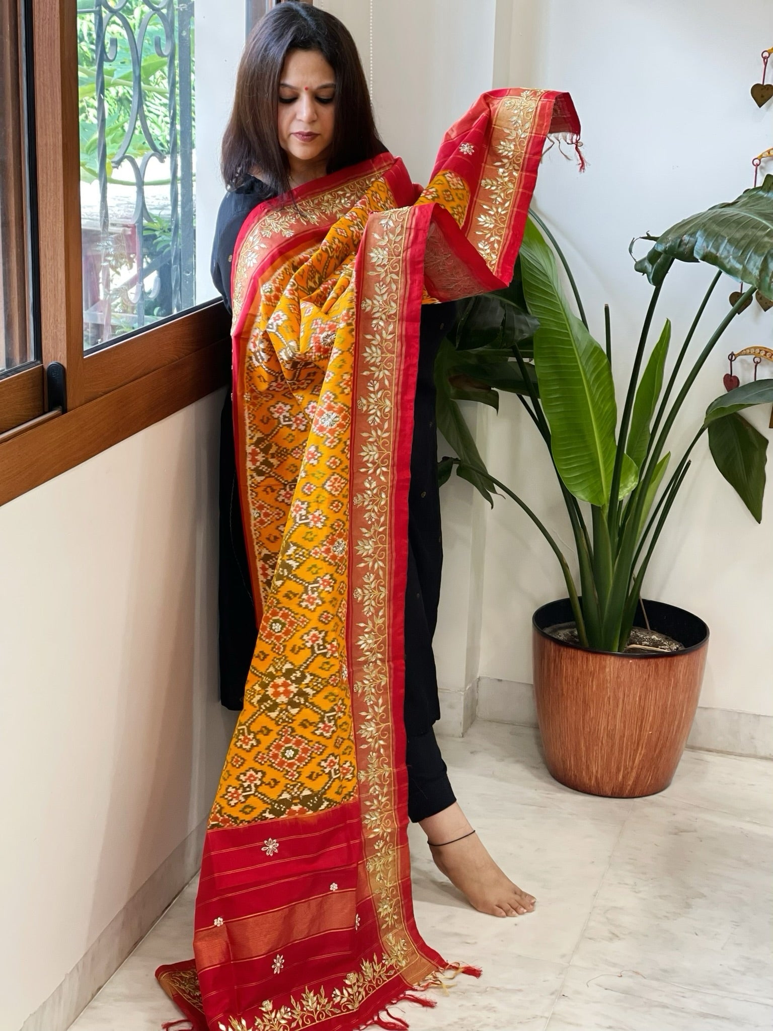 Yellow Handwoven Ikat Patola with Gotapatti & Pearl Handwork dupatta in Pure Silk - Masakalee