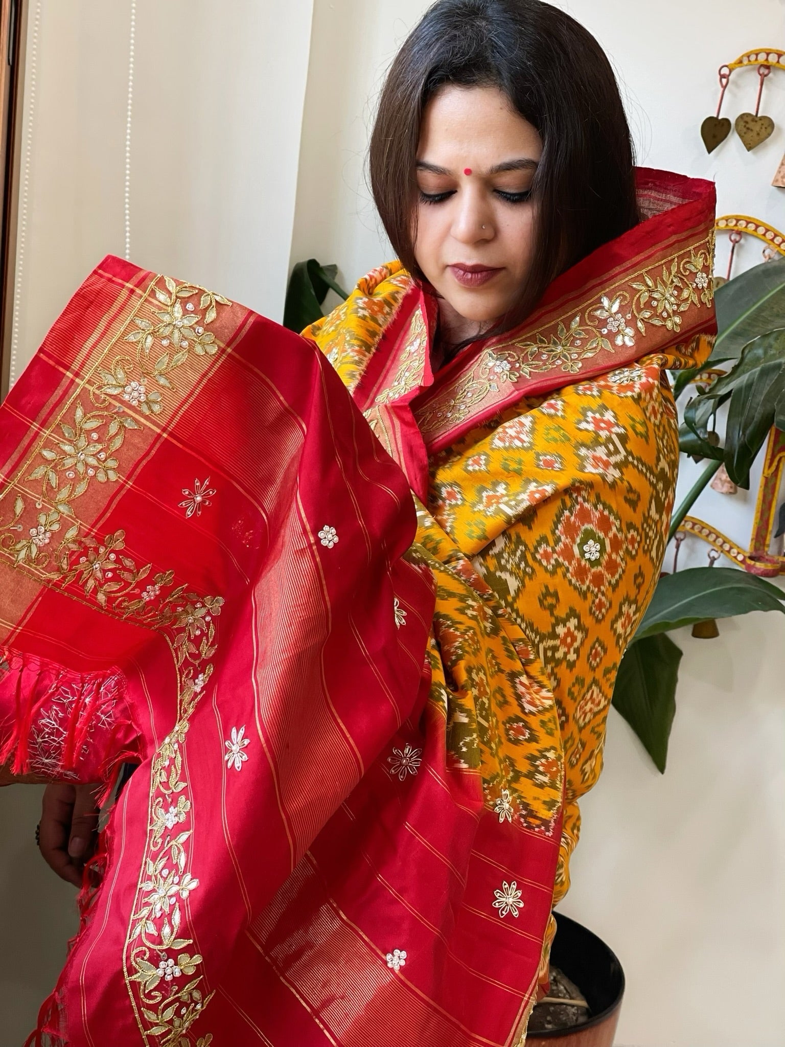 Yellow Handwoven Ikat Patola with Gotapatti & Pearl Handwork dupatta in Pure Silk - Masakalee