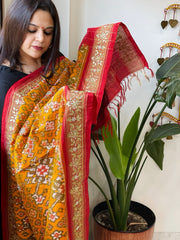 Yellow Handwoven Ikat Patola with Gotapatti & Pearl Handwork dupatta in Pure Silk - Masakalee