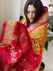 Yellow Handwoven Ikat Patola with Gotapatti & Pearl Handwork dupatta in Pure Silk - Masakalee