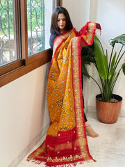 Yellow Handwoven Ikat Patola with Gotapatti & Pearl Handwork dupatta in Pure Silk - Masakalee