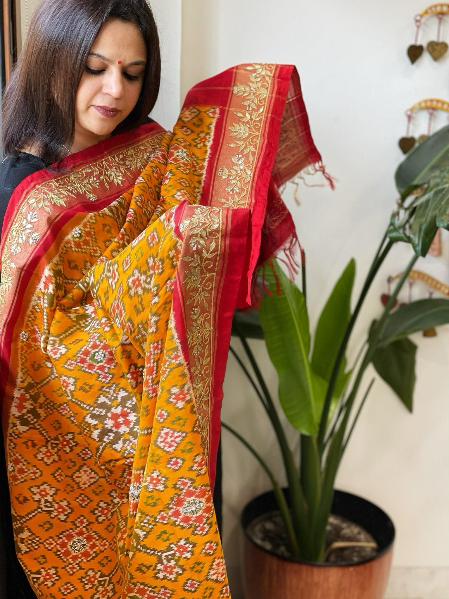 Yellow Handwoven Ikat Patola with Gotapatti & Pearl Handwork dupatta in Pure Silk - Masakalee