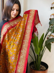 Yellow Handwoven Ikat Patola with Gotapatti & Pearl Handwork dupatta in Pure Silk - Masakalee