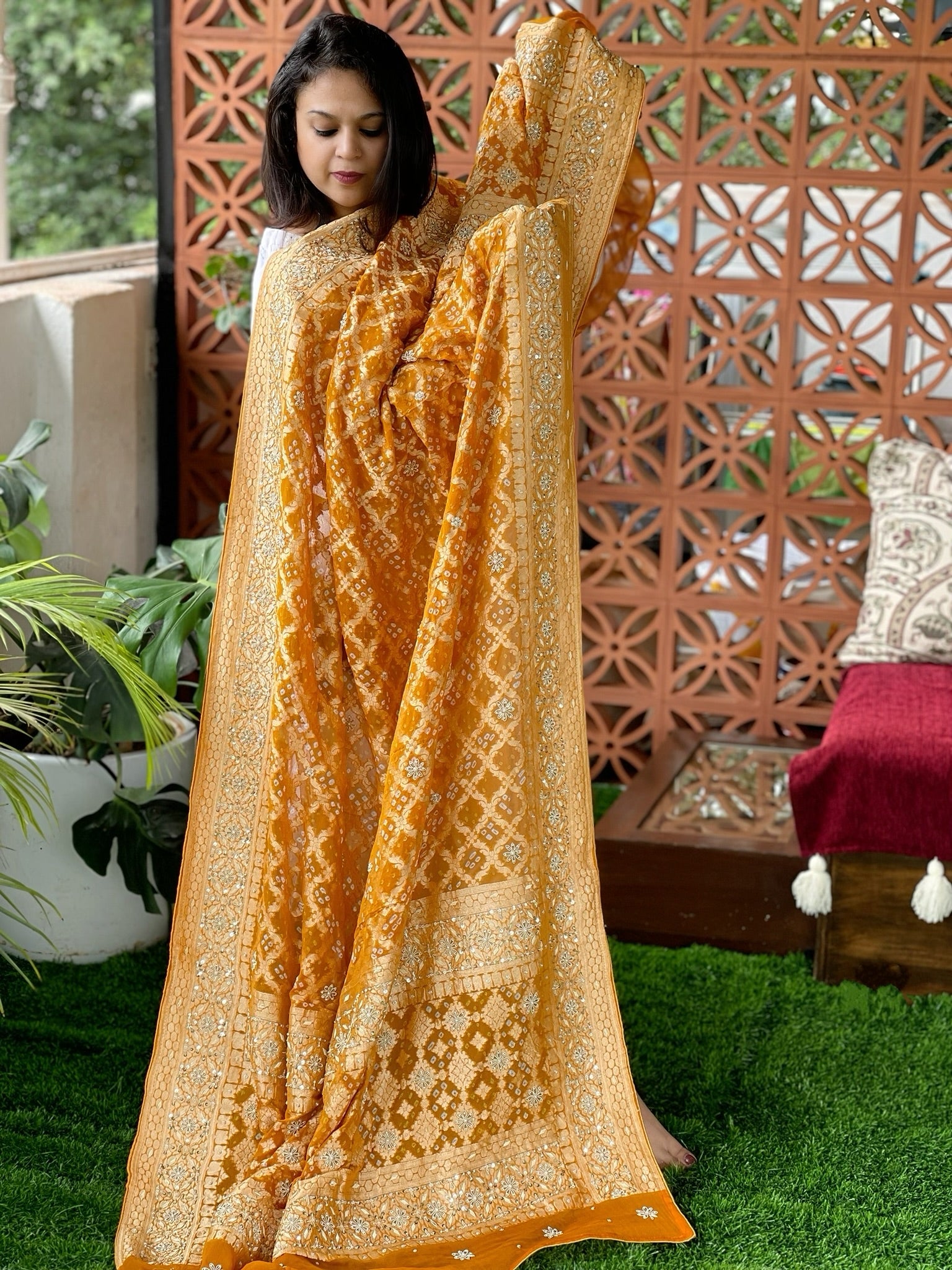 Yellow Handwoven NeemZari Bareek Bandhani with Dabka Handwork in Pure Georgette - Masakalee