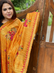 Yellow Kashmiri Aari Embroidered Dupatta in Geecha Silk - Masakalee