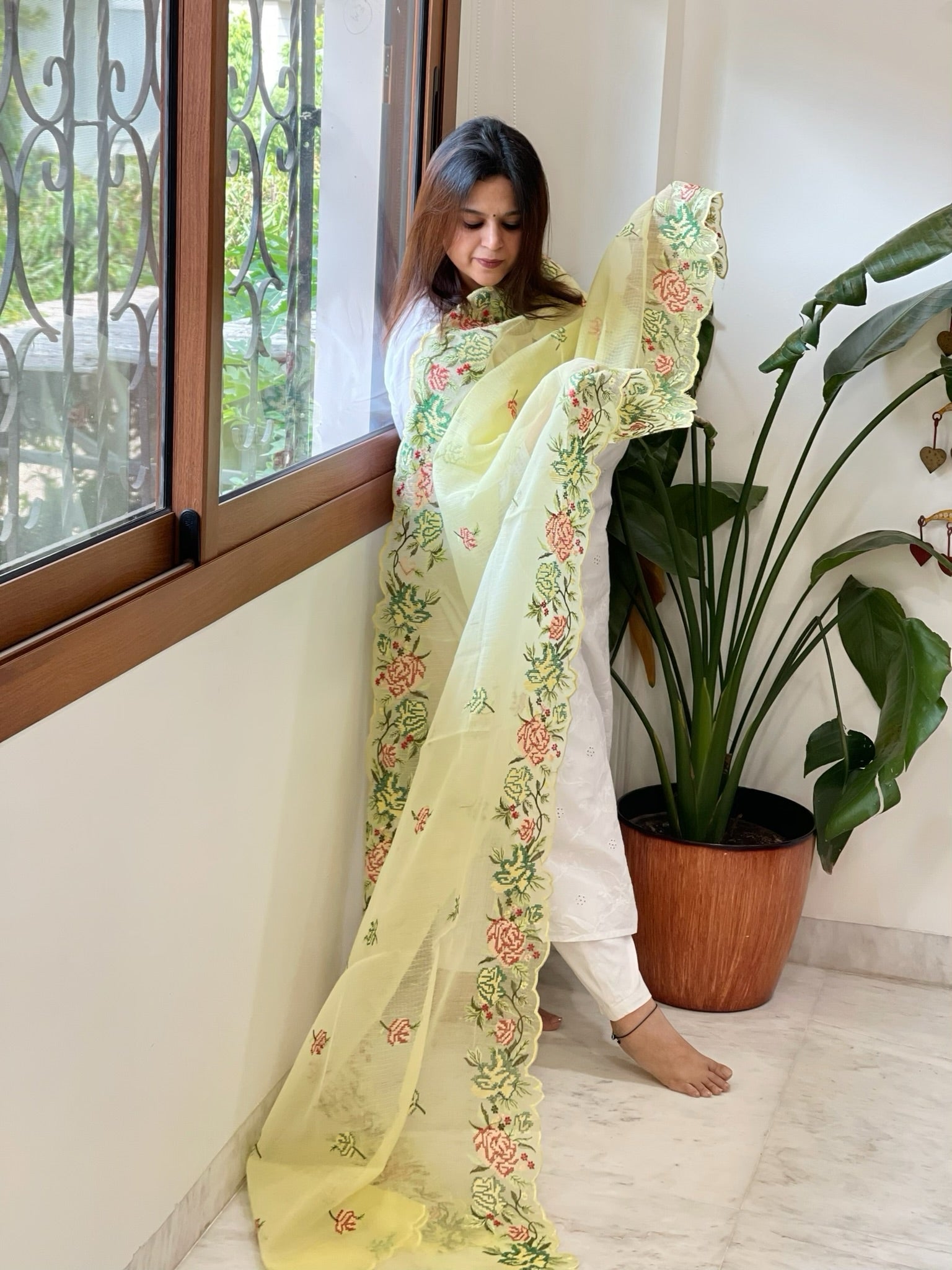 Yellow Kota Cotton Dupatta with Cross - Stitch Embroidered Border - Masakalee