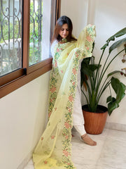 Yellow Kota Cotton Dupatta with Cross - Stitch Embroidered Border - Masakalee