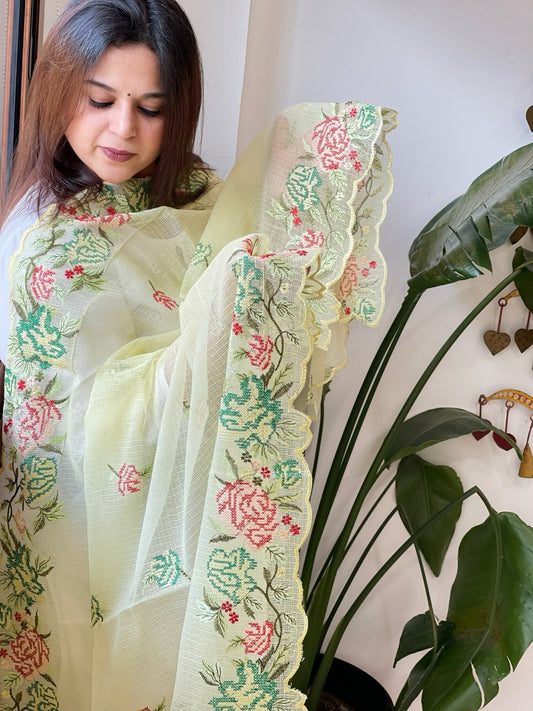 Yellow Kota Cotton Dupatta with Cross - Stitch Embroidered Border - Masakalee