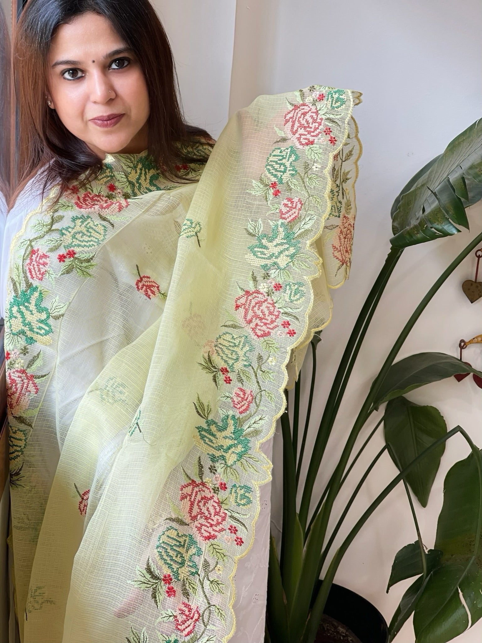 Yellow Kota Cotton Dupatta with Cross - Stitch Embroidered Border - Masakalee