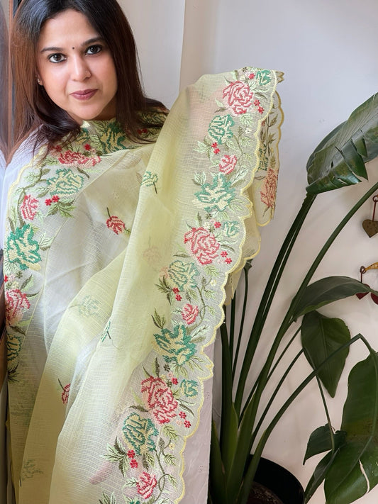 Yellow Kota Cotton Dupatta with Cross - Stitch Embroidered Border - Masakalee