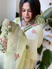 Yellow Kota Cotton Dupatta with Cross - Stitch Embroidered Border - Masakalee