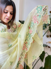 Yellow Kota Cotton Dupatta with Cross - Stitch Embroidered Border - Masakalee
