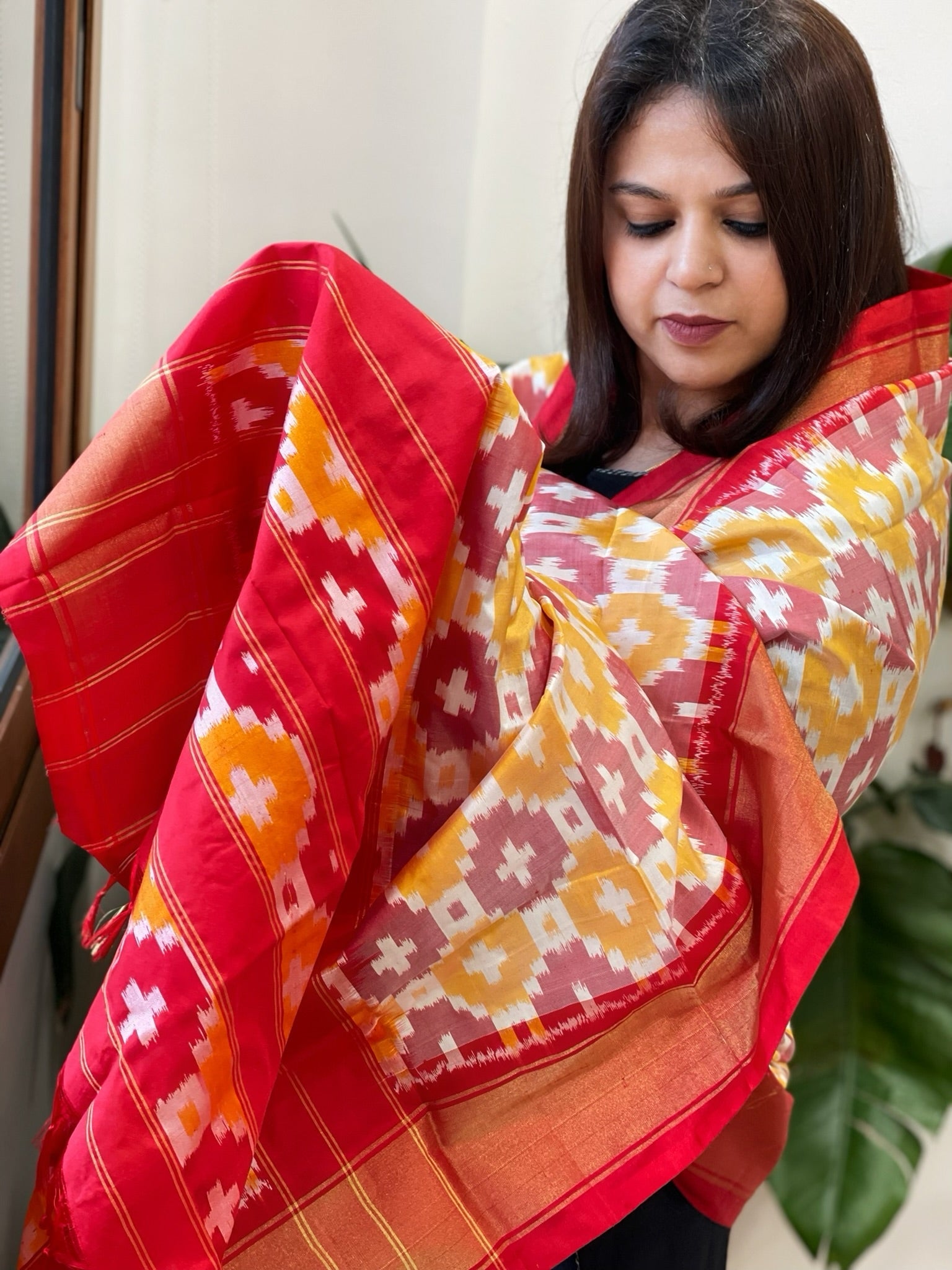 Yellow, Maroon Handwoven Ikat Dupatta in Pure Silk - Masakalee