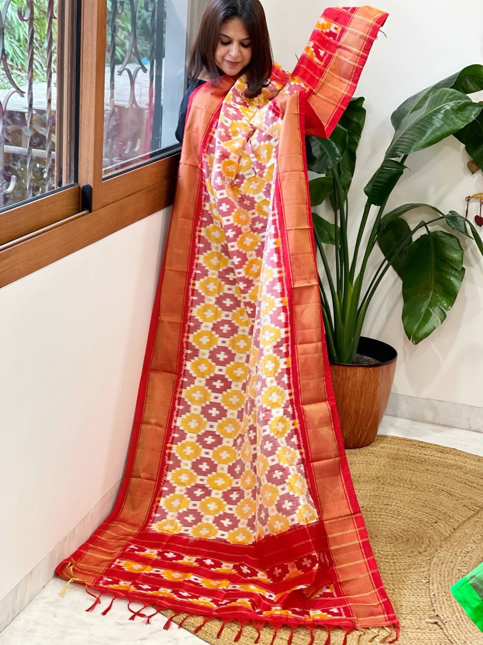 Yellow, Maroon Handwoven Ikat Dupatta in Pure Silk - Masakalee
