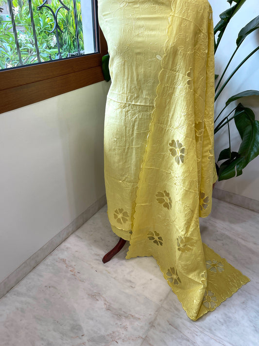 Yellow Mul Chanderi Suit Set with Cut Work - Masakalee