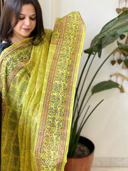 Yellow Mul Cotton Handblock Printed Dupatta - Masakalee