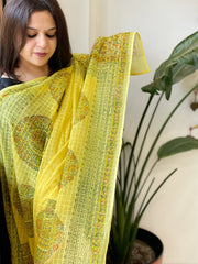 Yellow Mul Cotton Handblock Printed Dupatta - Masakalee