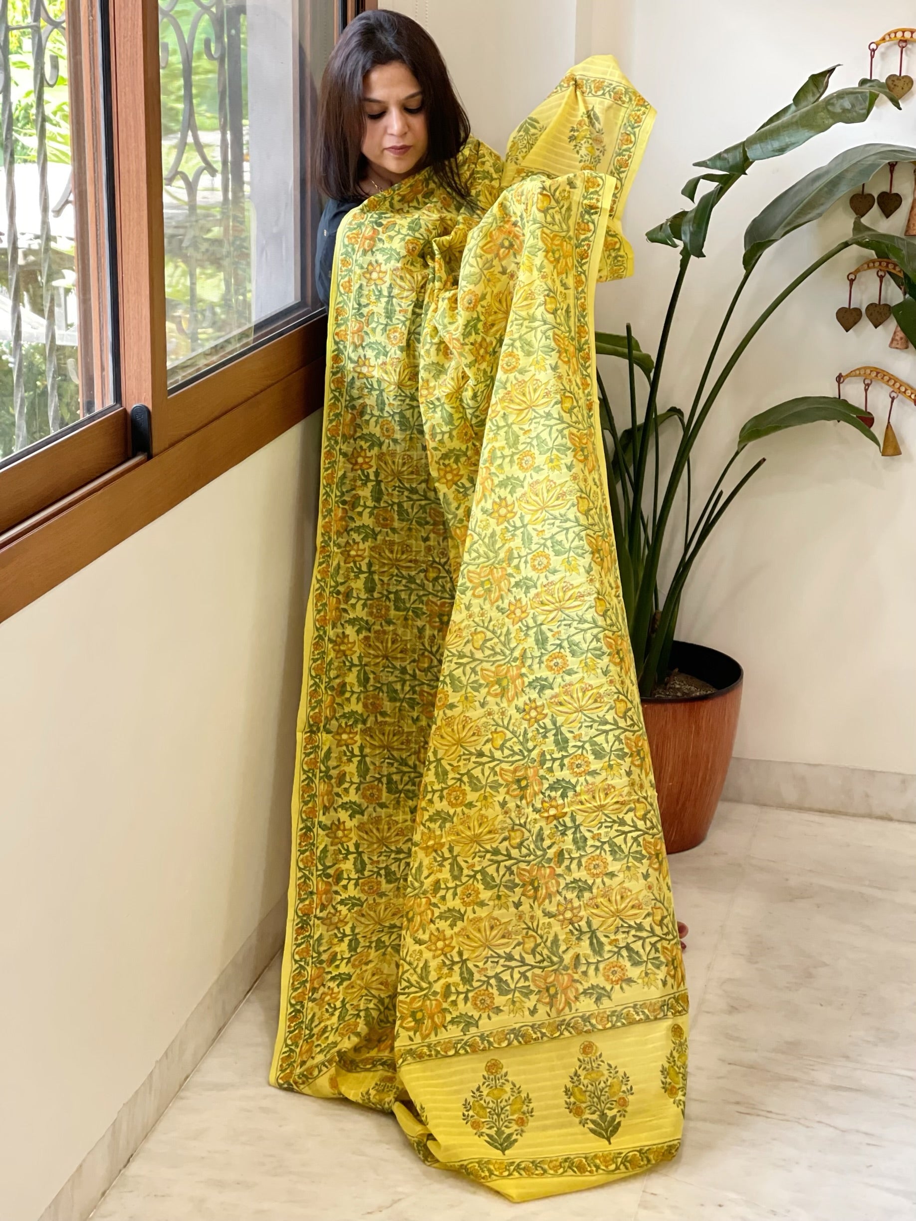 Yellow Mul Cotton Handblock Printed Dupatta - Masakalee