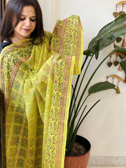 Yellow Mul Cotton Handblock Printed Dupatta - Masakalee