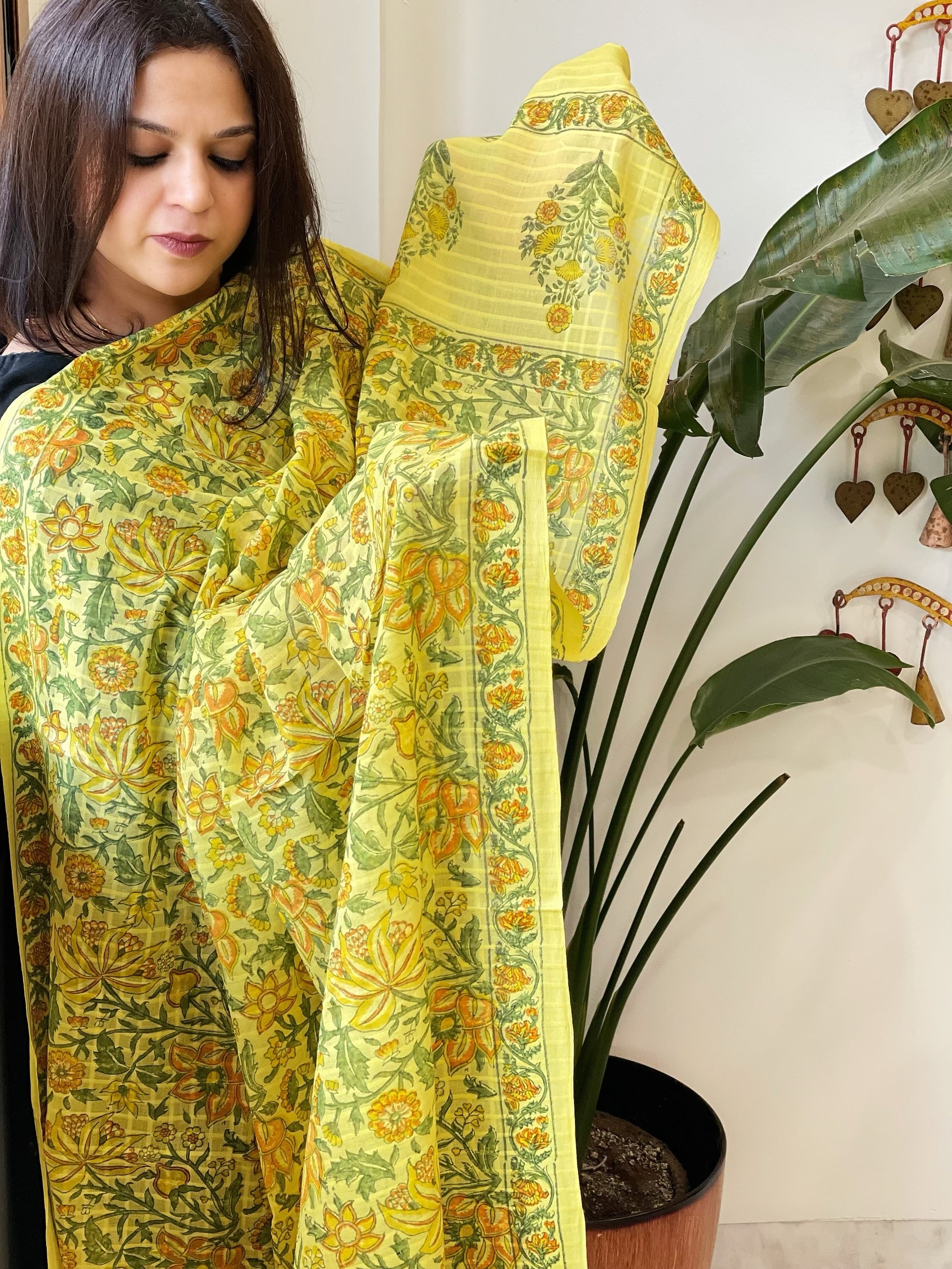 Yellow Mul Cotton Handblock Printed Dupatta - Masakalee