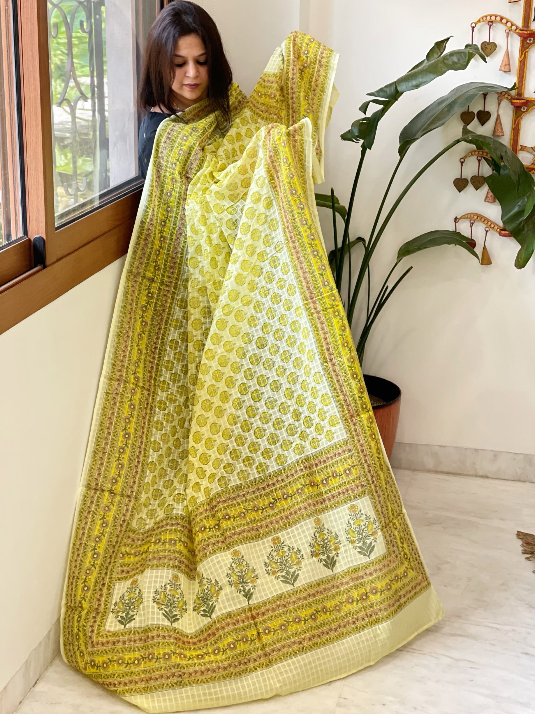 Yellow Mul Cotton Handblock Printed Dupatta - Masakalee