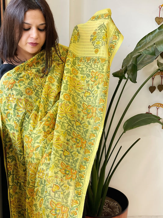 Yellow Mul Cotton Handblock Printed Dupatta - Masakalee
