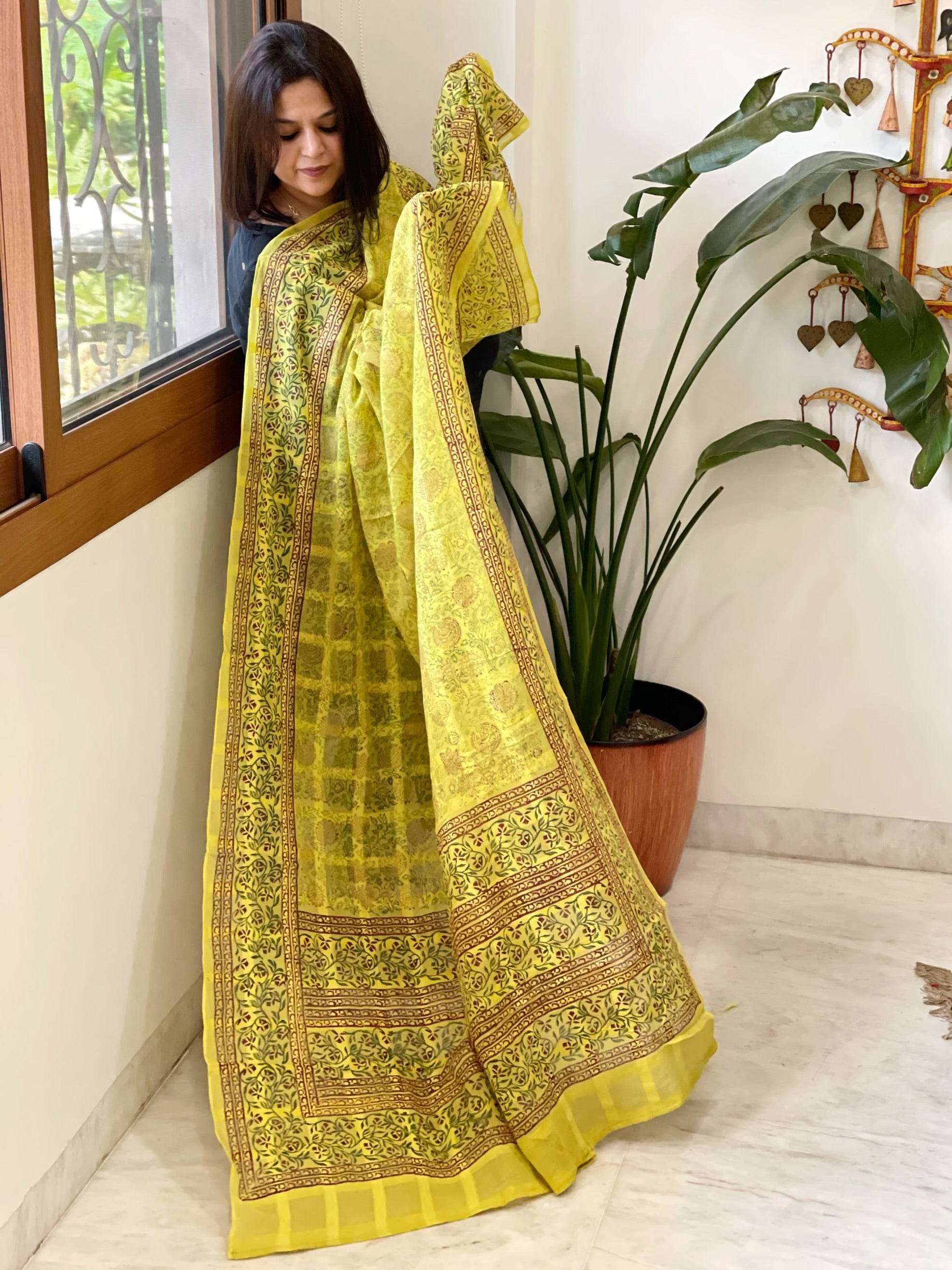 Yellow Mul Cotton Handblock Printed Dupatta - Masakalee