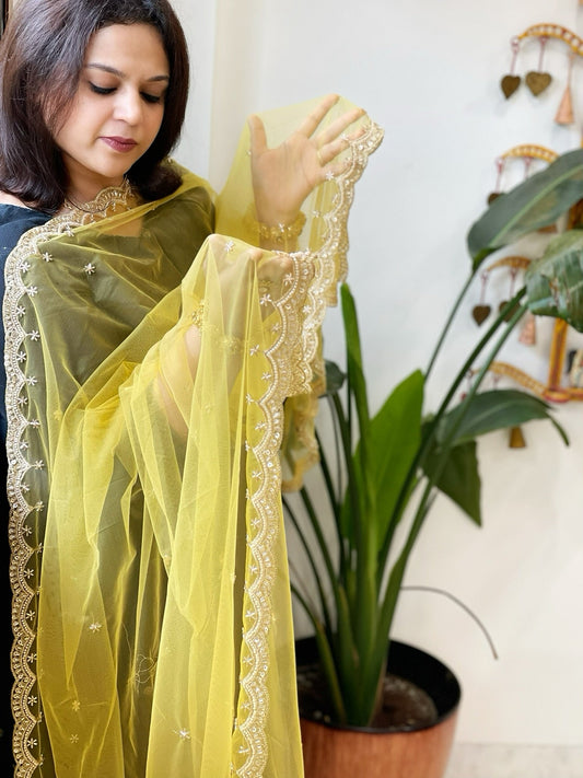 Yellow Net Dupatta with Pearl, Sequin and Cut Daana Embroidery - Masakalee
