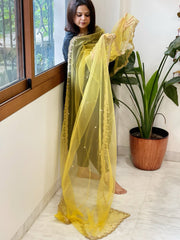 Yellow Net Dupatta with Pearl, Sequin and Cut Daana Embroidery - Masakalee