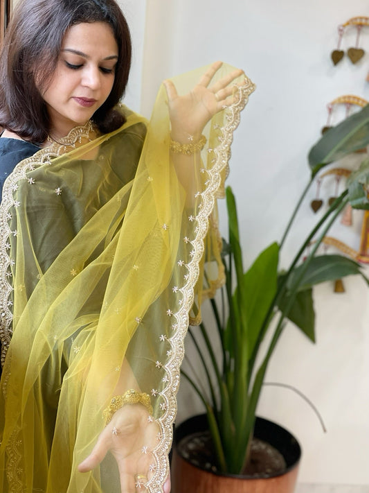 Yellow Net Dupatta with Pearl, Sequin and Cut Daana Embroidery - Masakalee