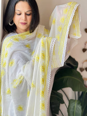 Yellow, Off - White Mul Cotton Dupatta with Thread Embroidery - Masakalee