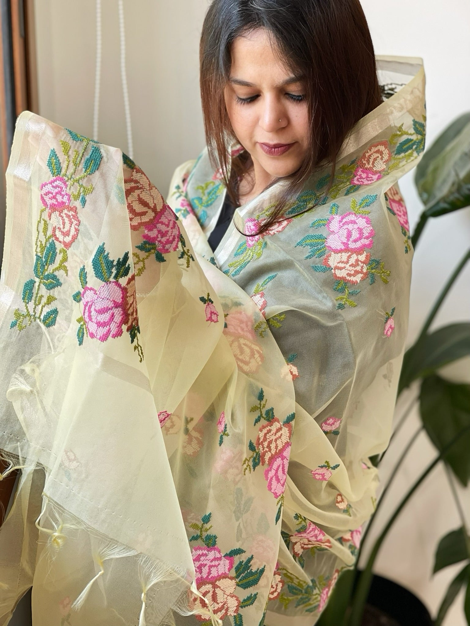 Yellow Organza Dupatta with Cross - Stitch Embroidery - Masakalee