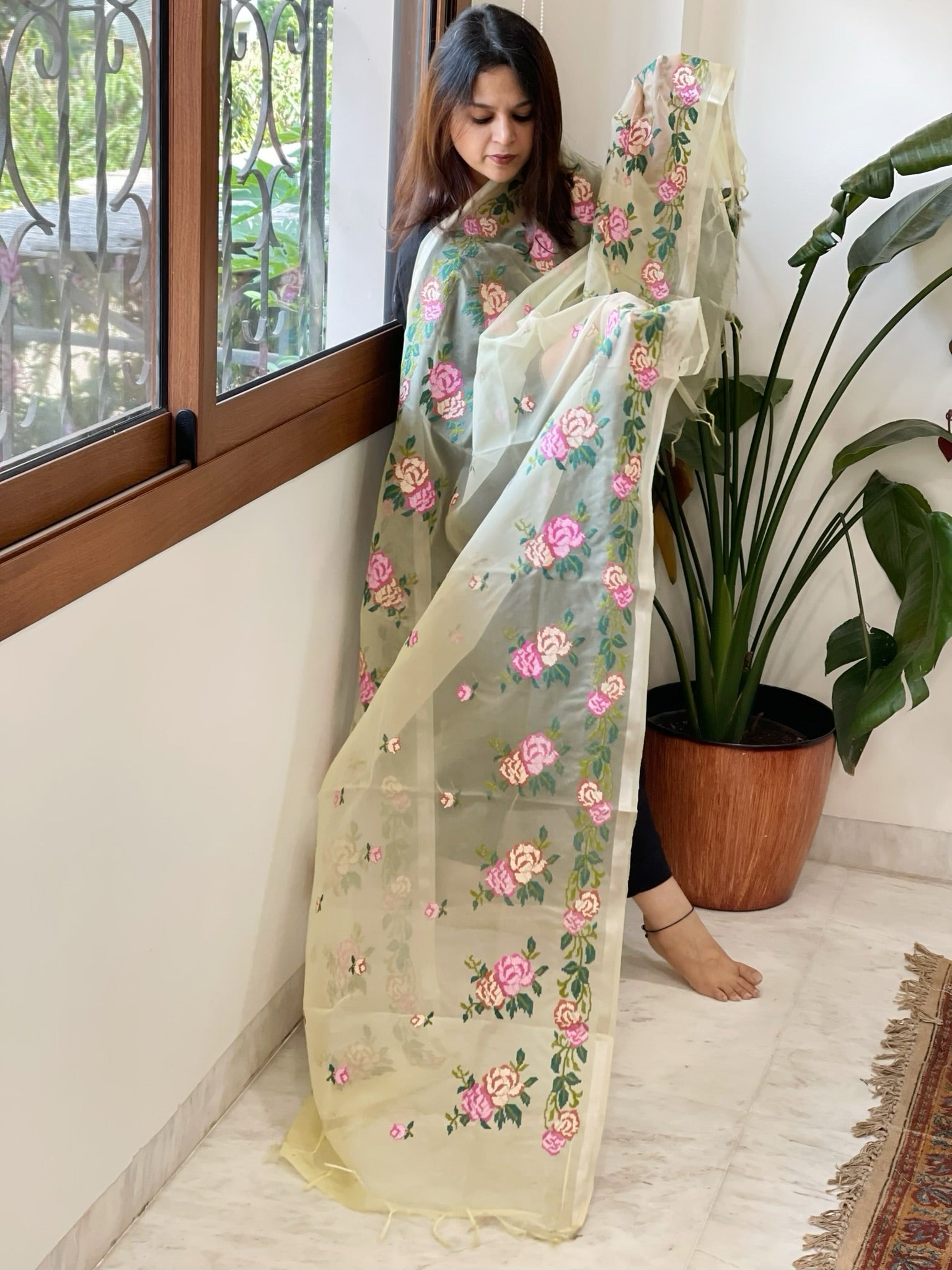 Yellow Organza Dupatta with Cross - Stitch Embroidery - Masakalee