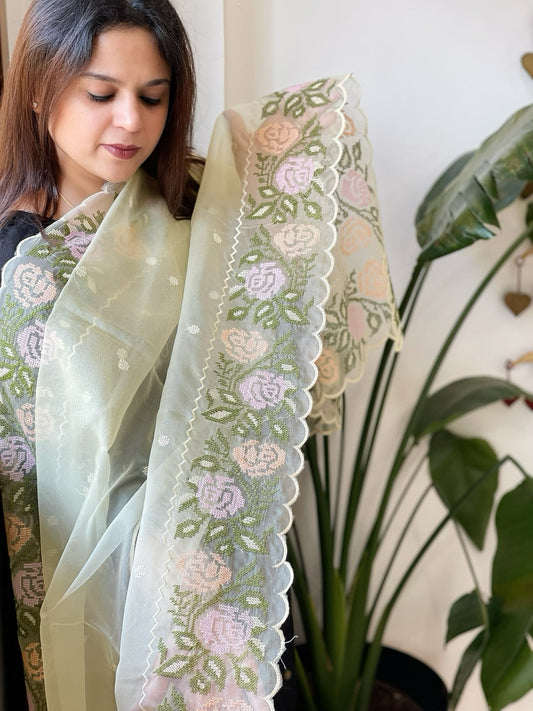 Yellow Organza Dupatta with Cross - Stitch Embroidery - Masakalee