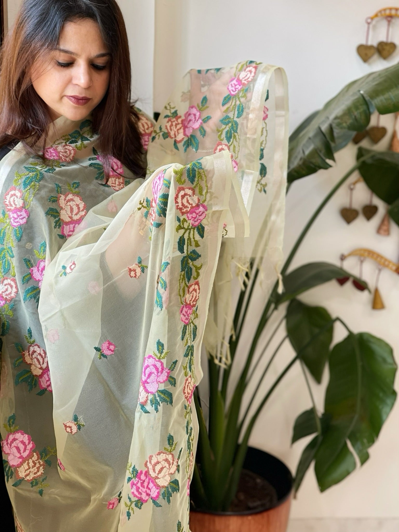Yellow Organza Dupatta with Cross - Stitch Embroidery - Masakalee