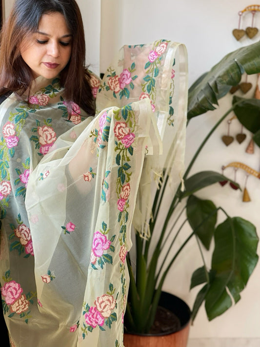 Yellow Organza Dupatta with Cross - Stitch Embroidery - Masakalee