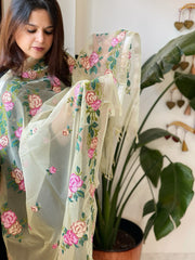 Yellow Organza Dupatta with Cross - Stitch Embroidery - Masakalee