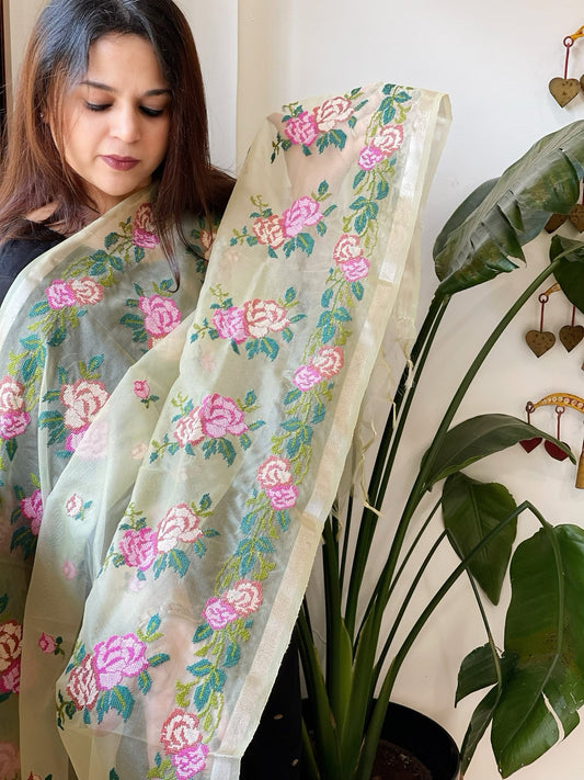 Yellow Organza Dupatta with Cross - Stitch Embroidery - Masakalee