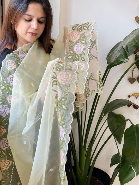 Yellow Organza Dupatta with Cross - Stitch Embroidery - Masakalee