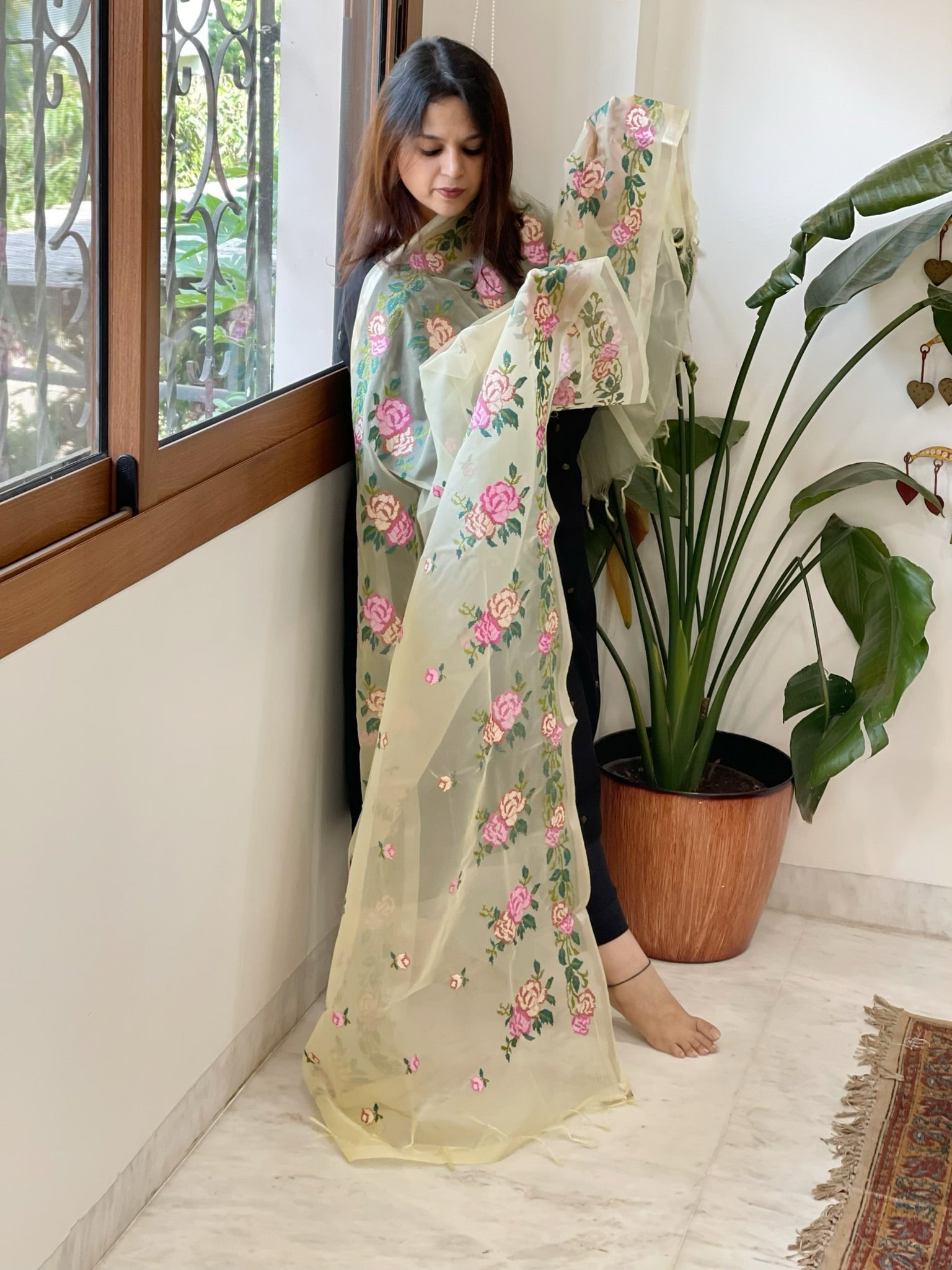 Yellow Organza Dupatta with Cross - Stitch Embroidery - Masakalee