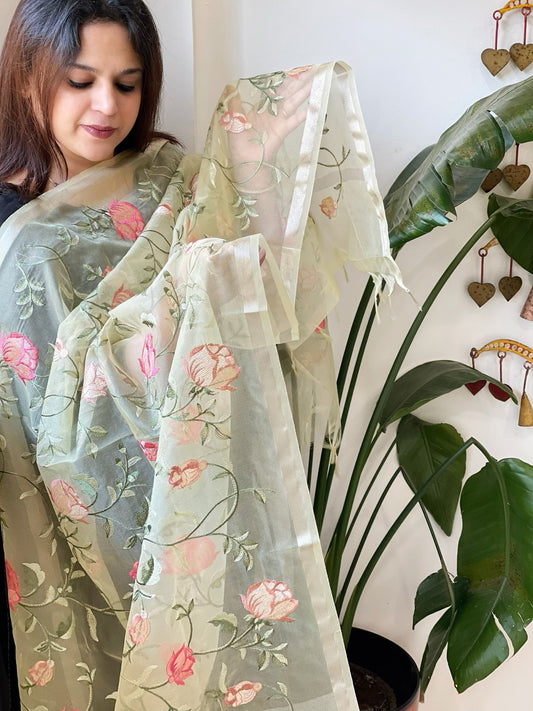 Yellow Organza Dupatta with Thread Embroidery - Masakalee