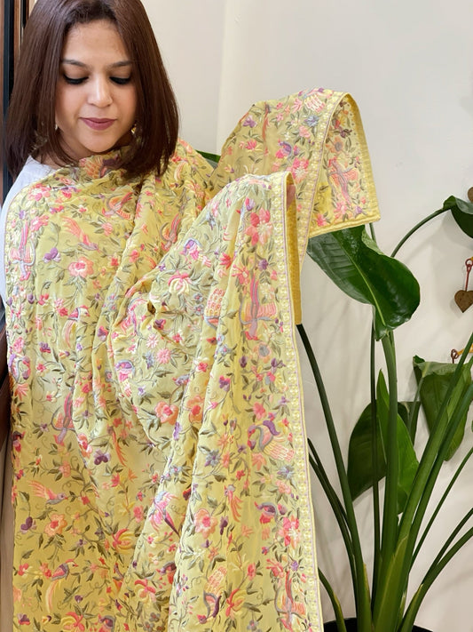 Yellow Parsi Gara Embroidery Dupatta in Georgette - Masakalee